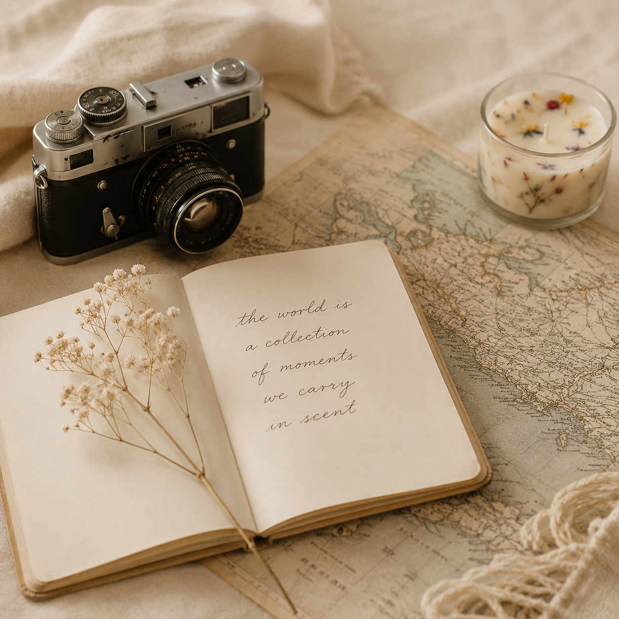 Cuaderno de viaje, mapa y cámara que inspiran la historia de Sensaterra Candles